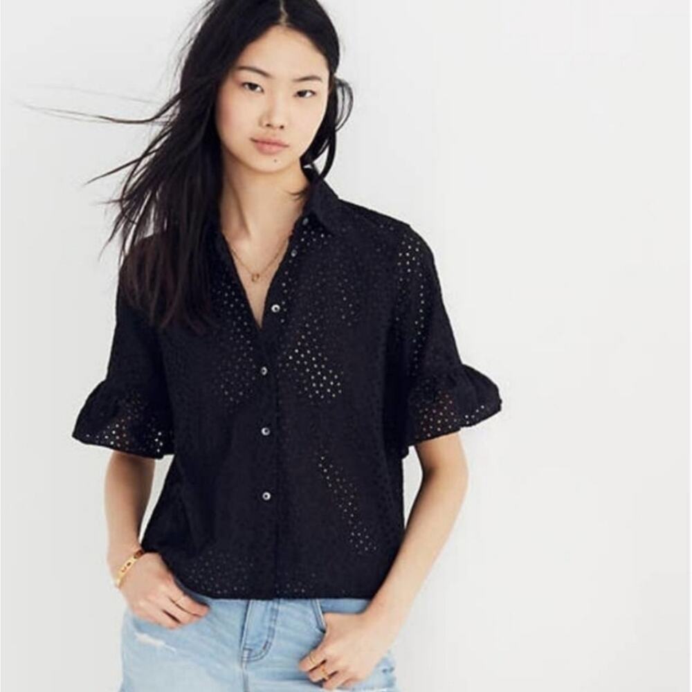 Madewell Black Eyelet Button Front Top Ruffle Sleeve Cotton Blouse